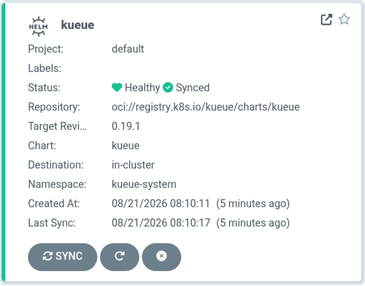 Argo CD kueue Application Healthy and Synced